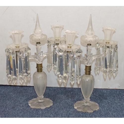 136 - A pair of heavy cut crystal 2-light, 2-branch candelabras with drop crystals on bulbous stems with r... 