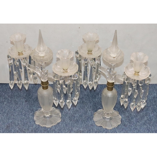 136 - A pair of heavy cut crystal 2-light, 2-branch candelabras with drop crystals on bulbous stems with r... 