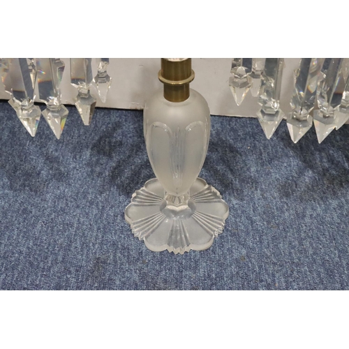 136 - A pair of heavy cut crystal 2-light, 2-branch candelabras with drop crystals on bulbous stems with r... 