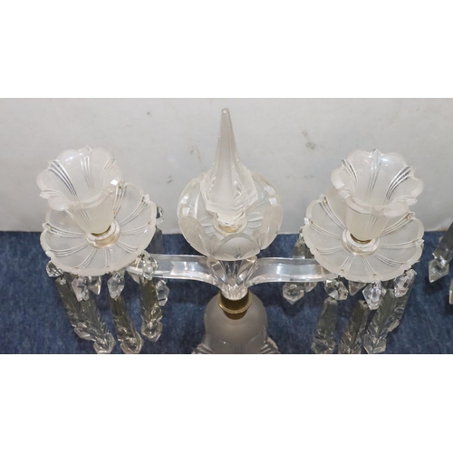 136 - A pair of heavy cut crystal 2-light, 2-branch candelabras with drop crystals on bulbous stems with r... 