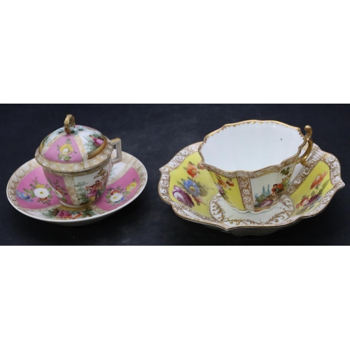 139 - A Dresden cup and saucer on white and yellow ground with multi-coloured figure, floral and gilt deco... 