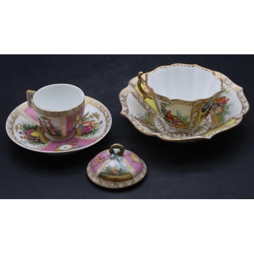 139 - A Dresden cup and saucer on white and yellow ground with multi-coloured figure, floral and gilt deco... 