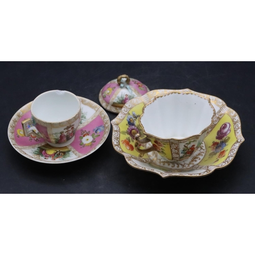 139 - A Dresden cup and saucer on white and yellow ground with multi-coloured figure, floral and gilt deco... 