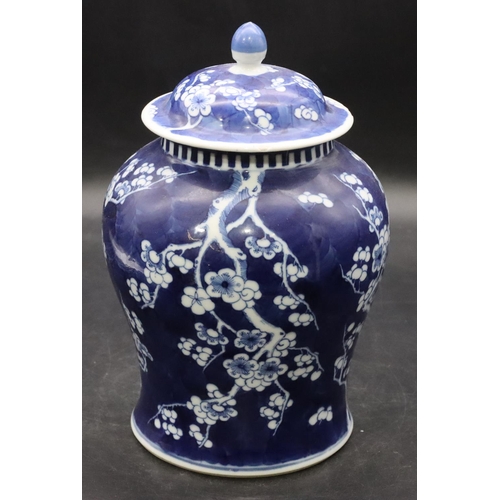 140 - A 19th Century Chinese blue and white round bulbous thin necked lidded ginger jar with allover branc... 