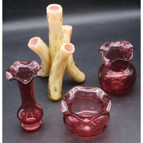 141 - A 4-sectioned glass spill vase, 20cm high, a Cranberry glass jug and 2 small Cranberry glass vases (... 