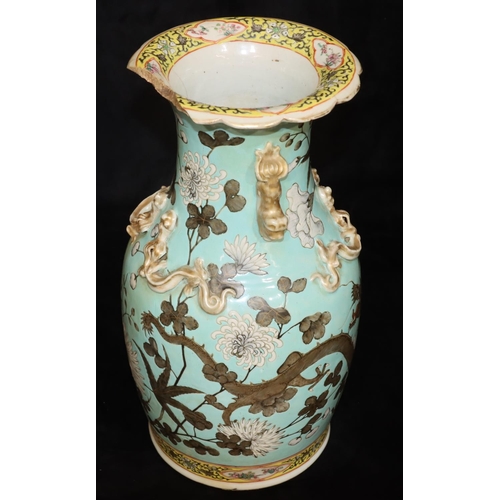 15 - A 19th Century Chinese round bulbous thin necked trumpet shaped vase on white and turquoise ground w... 