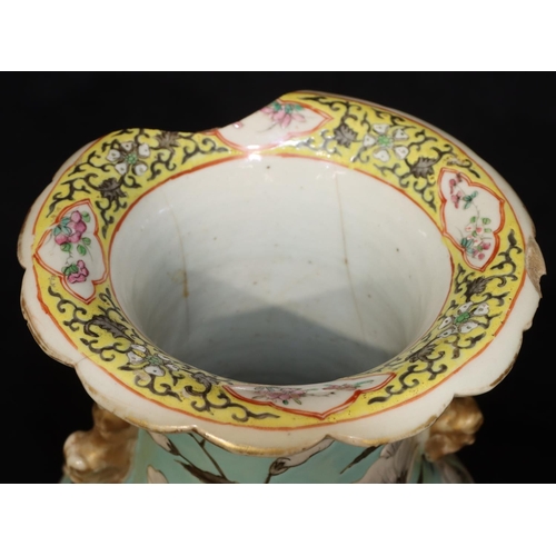 15 - A 19th Century Chinese round bulbous thin necked trumpet shaped vase on white and turquoise ground w... 