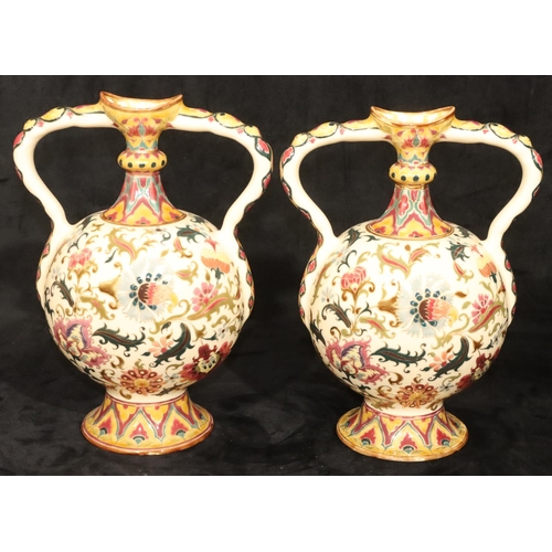 152 - A pair of Continental oval bulbous thin necked 2-handled vases on cream ground with multi-coloured f... 