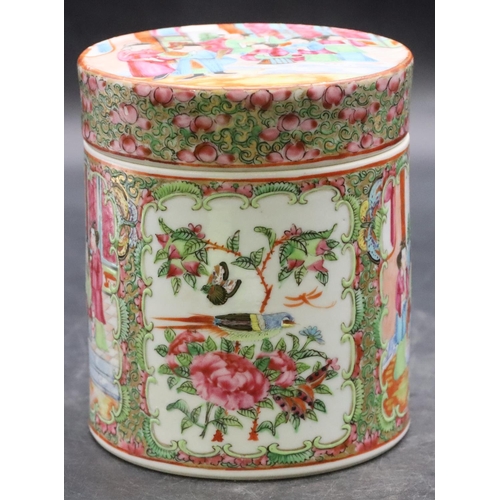 156 - A 19th Century Cantonese cylindrical pot with multi-coloured figure, bird, floral, leaf and gilt dec... 