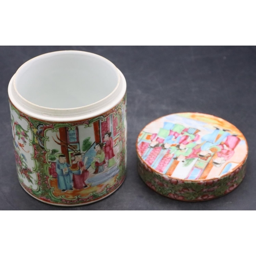 156 - A 19th Century Cantonese cylindrical pot with multi-coloured figure, bird, floral, leaf and gilt dec... 