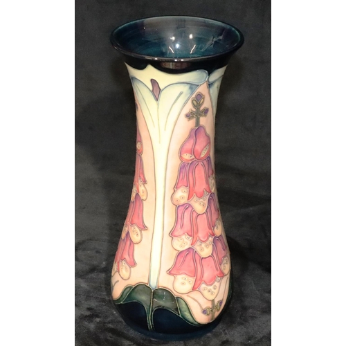 166 - A modern Moorcroft round bulbous trumpet shaped vase on cream, pink and blue ground, 31cm high (boxe... 