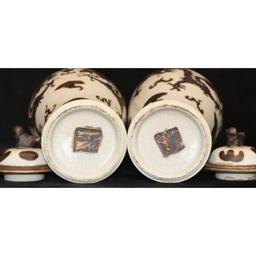 172 - A pair of Chinese round bulbous thin necked lidded vases on white ground with raised brown, dragon a... 