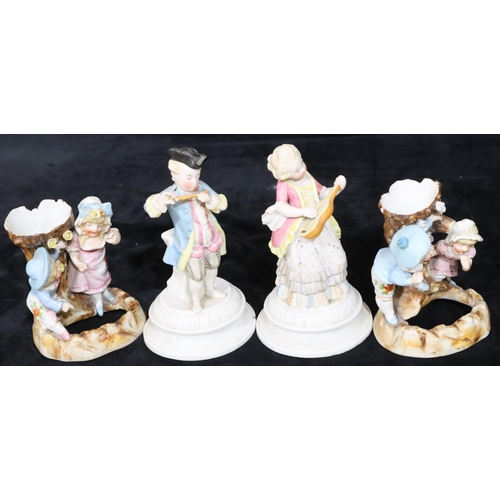 175 - A pair of Bisque figures of gentleman and lady playing musical instruments (both instruments damaged... 