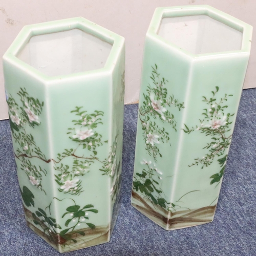 178 - A pair of Oriental hexagonal glazed vases on pale green ground with multi-coloured floral, branch an... 