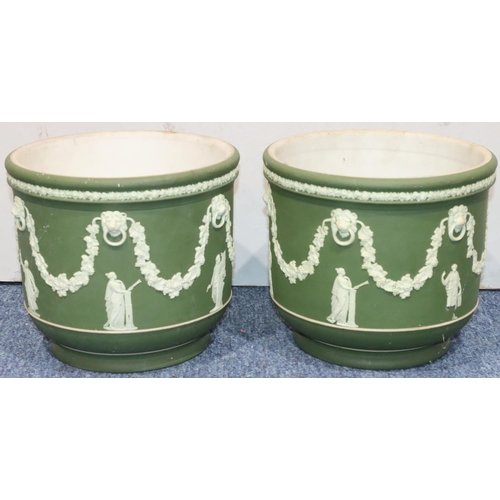 181 - A pair of Wedgwood Jasperware round bulbous jardinières on green and white ground with raised classi... 