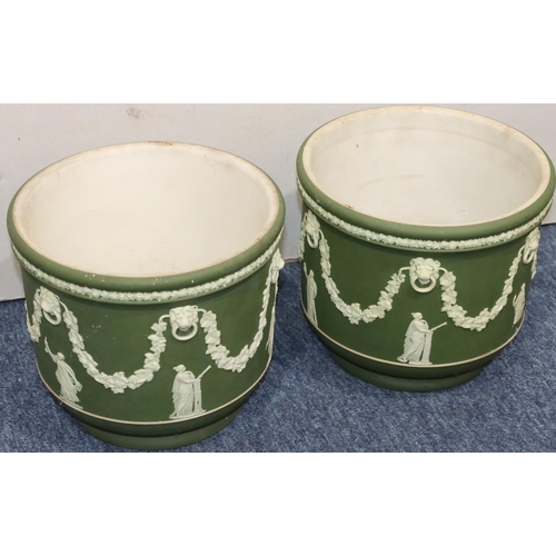 181 - A pair of Wedgwood Jasperware round bulbous jardinières on green and white ground with raised classi... 