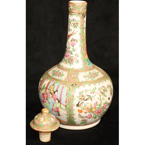 186 - A 19th Century Cantonese round bulbous thin necked bottle shaped lidded vase on white and green grou... 