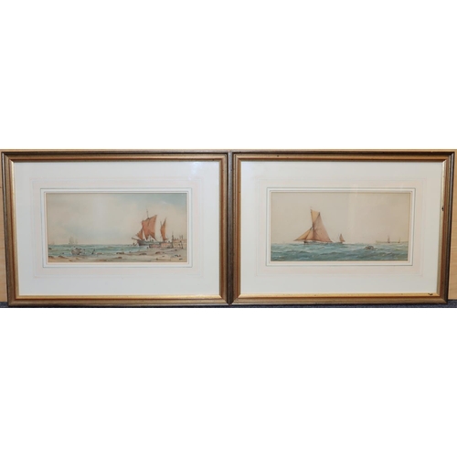 193 - A pair of marine watercolours, 16cm x 33cm depicting sailing boats off shore and in full sail, both ... 