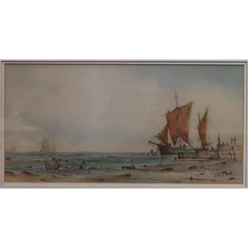 193 - A pair of marine watercolours, 16cm x 33cm depicting sailing boats off shore and in full sail, both ... 