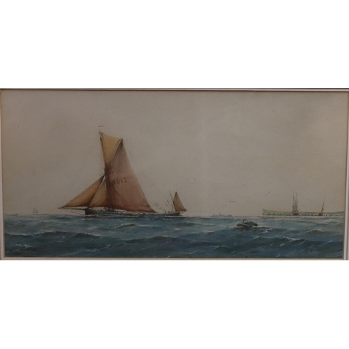 193 - A pair of marine watercolours, 16cm x 33cm depicting sailing boats off shore and in full sail, both ... 