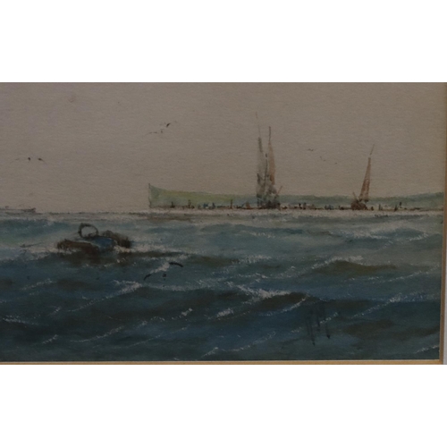 193 - A pair of marine watercolours, 16cm x 33cm depicting sailing boats off shore and in full sail, both ... 