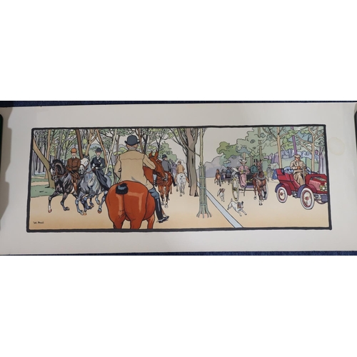 196 - W Pencil, coloured lithograph, 47cm x 114cm, depicting vintage car, horse drawn carriage and figures... 