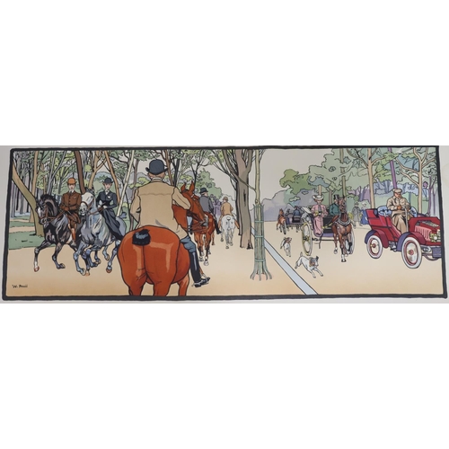 196 - W Pencil, coloured lithograph, 47cm x 114cm, depicting vintage car, horse drawn carriage and figures... 