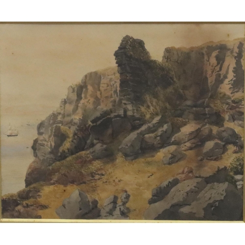 198 - Copley Fielding, Scarborough, marine watercolour, 18.5cm x 30cm,  depicting figures on shore in roug... 