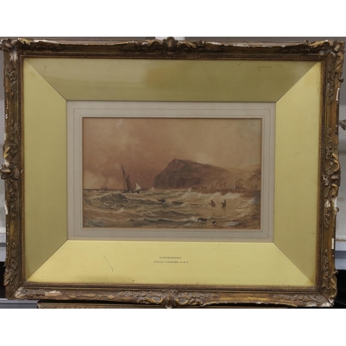 198 - Copley Fielding, Scarborough, marine watercolour, 18.5cm x 30cm,  depicting figures on shore in roug... 