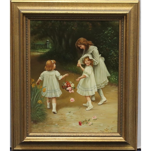 199 - An oil on board, 24.5cm x 19cm, depicting 3 young girls in white dresses walking along path holding ... 