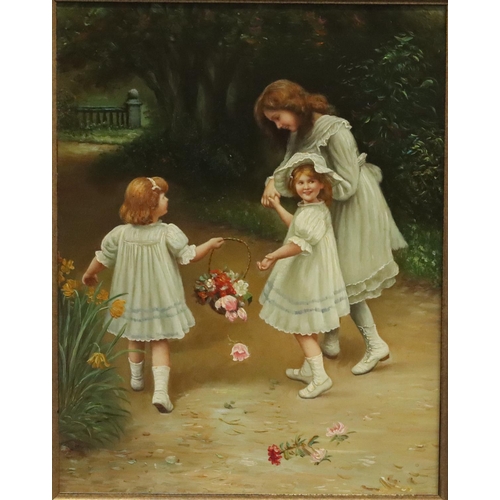 199 - An oil on board, 24.5cm x 19cm, depicting 3 young girls in white dresses walking along path holding ... 