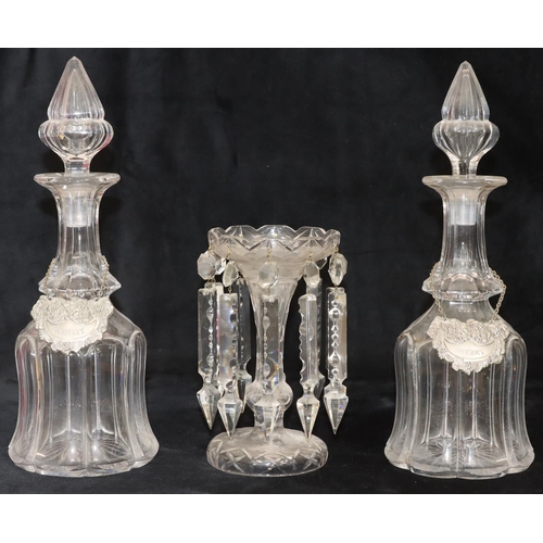 2 - A pair of 19th Century heavy cut glass bulbous thin necked decanters with stoppers and wine labels, ... 