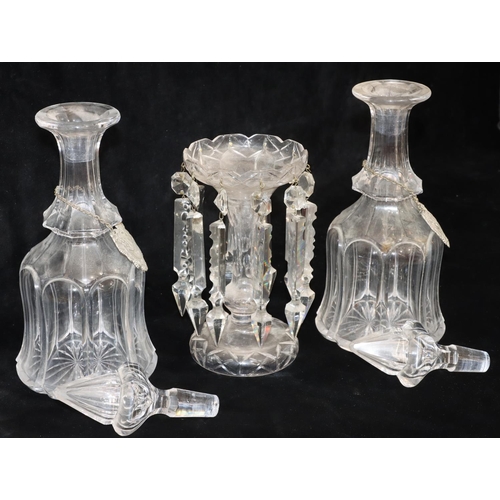 2 - A pair of 19th Century heavy cut glass bulbous thin necked decanters with stoppers and wine labels, ... 