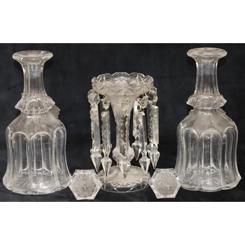 2 - A pair of 19th Century heavy cut glass bulbous thin necked decanters with stoppers and wine labels, ... 