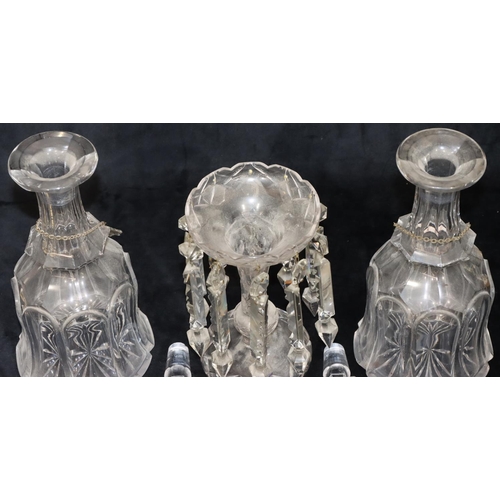 2 - A pair of 19th Century heavy cut glass bulbous thin necked decanters with stoppers and wine labels, ... 