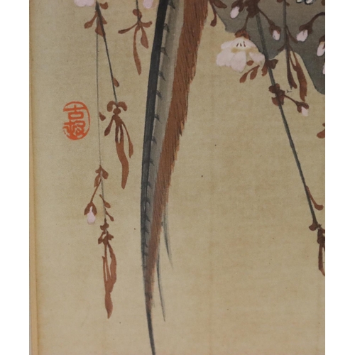 201 - An Oriental watercolour, 32.5cm x 18cm,  depicting 2 perched birds