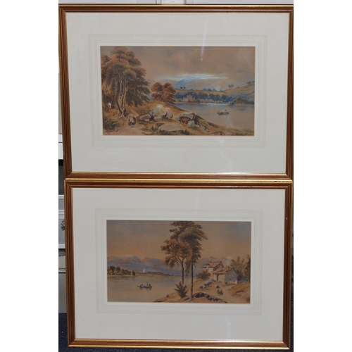 208 - A pair of 19th Century watercolours, 18cm x 31cm,  depicting figures in rowing boat with hills in ba... 