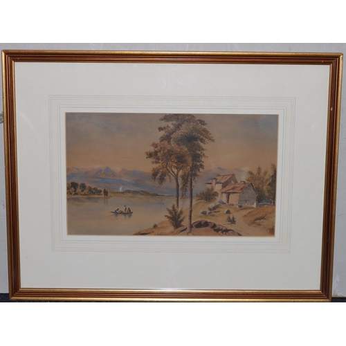 208 - A pair of 19th Century watercolours, 18cm x 31cm,  depicting figures in rowing boat with hills in ba... 