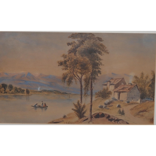 208 - A pair of 19th Century watercolours, 18cm x 31cm,  depicting figures in rowing boat with hills in ba... 