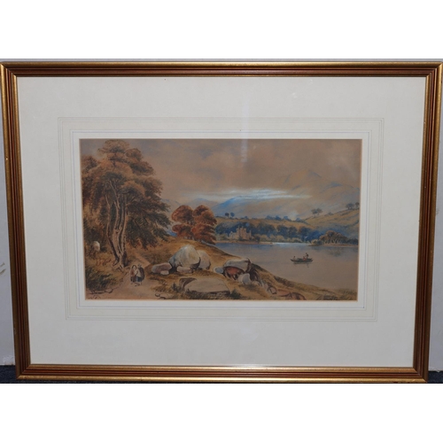 208 - A pair of 19th Century watercolours, 18cm x 31cm,  depicting figures in rowing boat with hills in ba... 