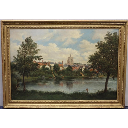 210 - A 19th Century oil on canvas, 50cm x 75cm, depicting figure on riverbank overlooking town (Possibly ... 