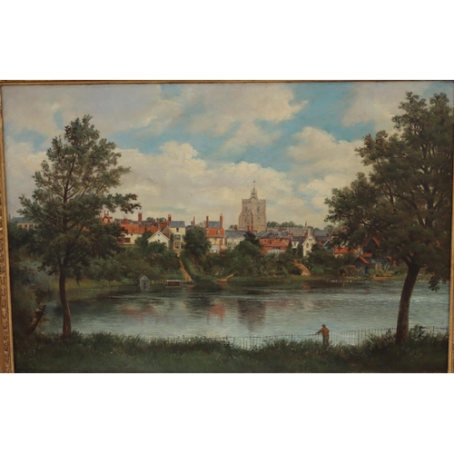 210 - A 19th Century oil on canvas, 50cm x 75cm, depicting figure on riverbank overlooking town (Possibly ... 