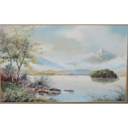 212 - H Copley, pair of watercolour and gauche lake scenes with mountains in background, both signed, in g... 