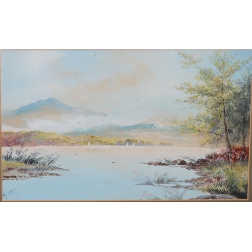 212 - H Copley, pair of watercolour and gauche lake scenes with mountains in background, both signed, in g... 