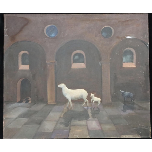 221 - S Evans, oil on canvas, 60cm x 70.5cm, depicting 3 sheep in tiled interior, signed, unframed