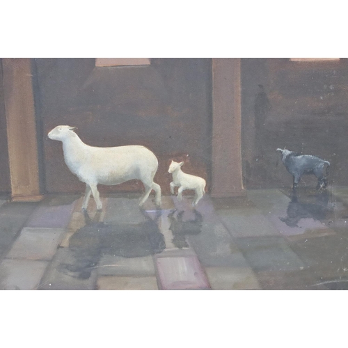 221 - S Evans, oil on canvas, 60cm x 70.5cm, depicting 3 sheep in tiled interior, signed, unframed