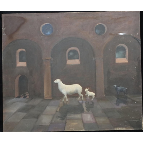 221 - S Evans, oil on canvas, 60cm x 70.5cm, depicting 3 sheep in tiled interior, signed, unframed