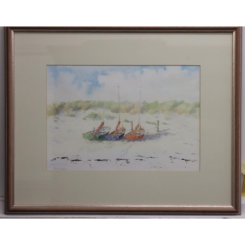 227 - Patrick Ley-Greaves, marine watercolour,  27.5cm x 40cm, depicting 3 moored sailing boats, signed in... 