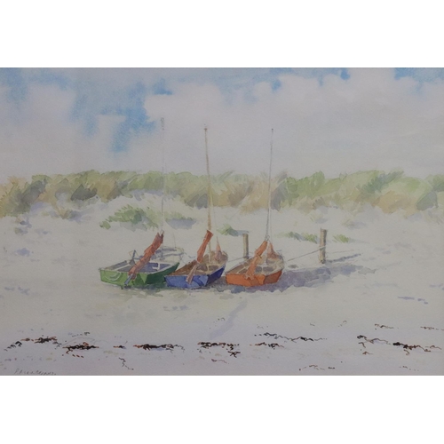 227 - Patrick Ley-Greaves, marine watercolour,  27.5cm x 40cm, depicting 3 moored sailing boats, signed in... 