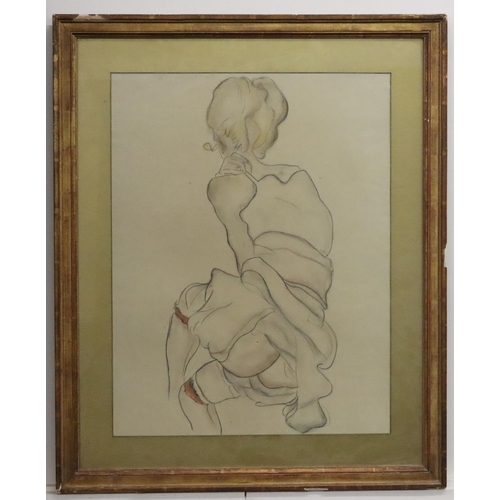 231 - Pierre Claude Beau Rencontre, after Egon Schiele, pastel, 54.5cm x 42cm,  3/4 length back view of a ... 